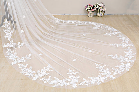1 Tier Wedding Bridal Veil With Metal Comb Lace Flowe Cathedral Long  L95