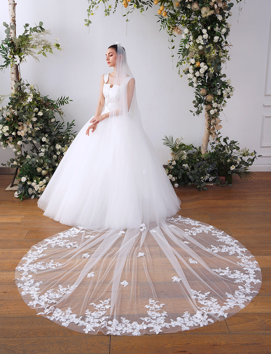 Two Layers Cathedral Long Lace Edge Bridal Veil with Hair Comb White / 350cm