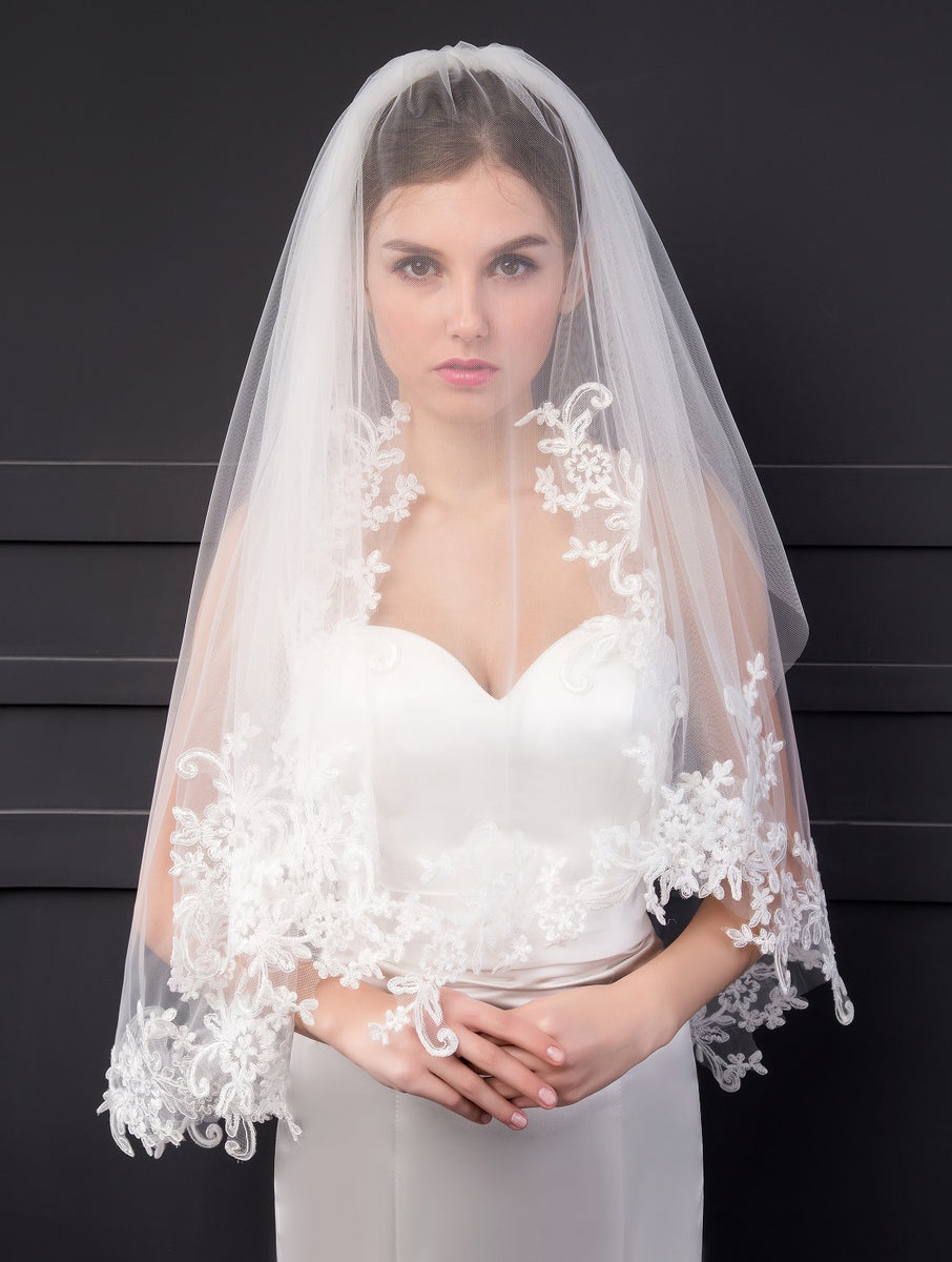 Cheap Wholsale Two Layears White Ivory Wedding Veils Bridal Veil Short  Tulle With Comb Lace Veils Wedding Accessories Bride Veu