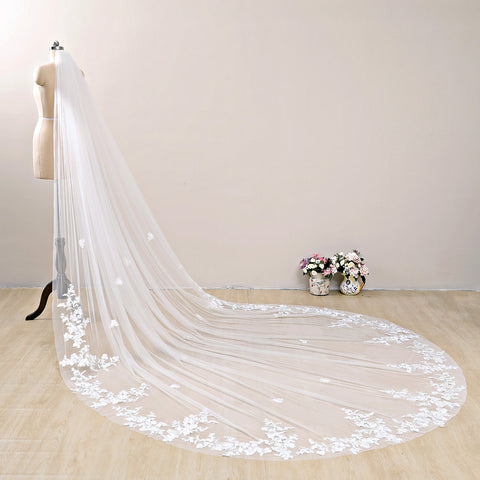 1 Tier Wedding Bridal Veil With Metal Comb Lace Flowe Cathedral Long  L95