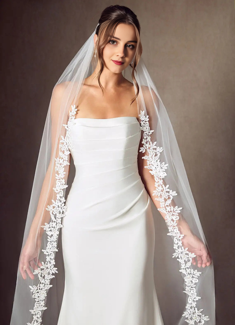Pearl Lace Edge 1 Tier Long Wedding Bridal Veil with Comb for Brides OA55