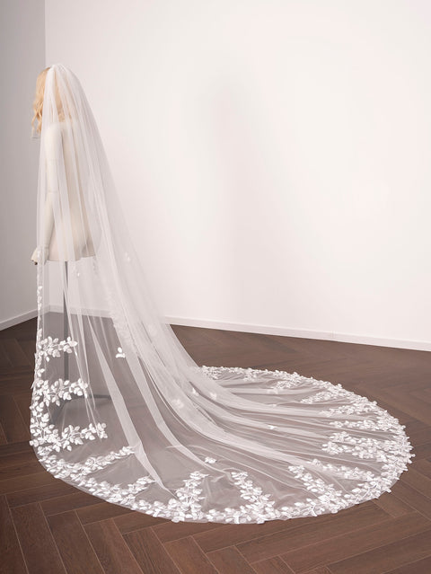 Cathedral Length Leaf Lace Applique Wedding Veil with Comb for Bride OA19