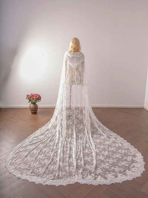 Long Flower Lace Veil Elegant Hooded Wedding Bridal Veil Cape Shawl Halloween Costumes OA25