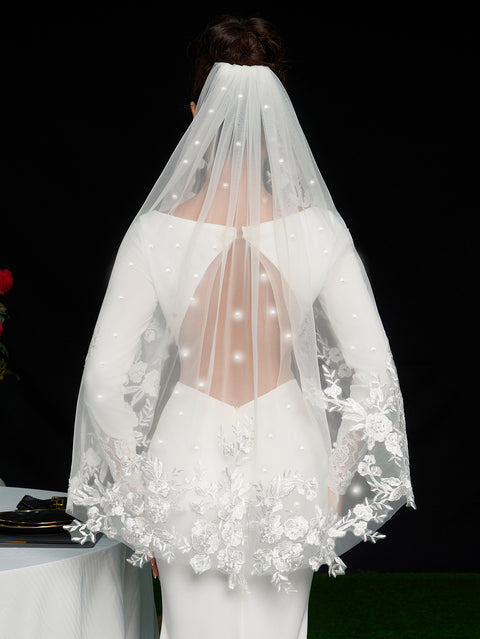 Pearl Lace Applique Fingertip Length Wedding Bridal Veil with Comb for Bride Off White OA16