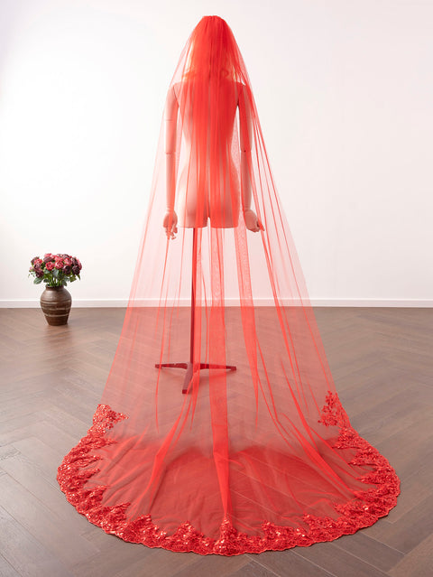 Red Tulle Lace Sequins Cathedral Length Wedding Veil with Comb for Bride OA28