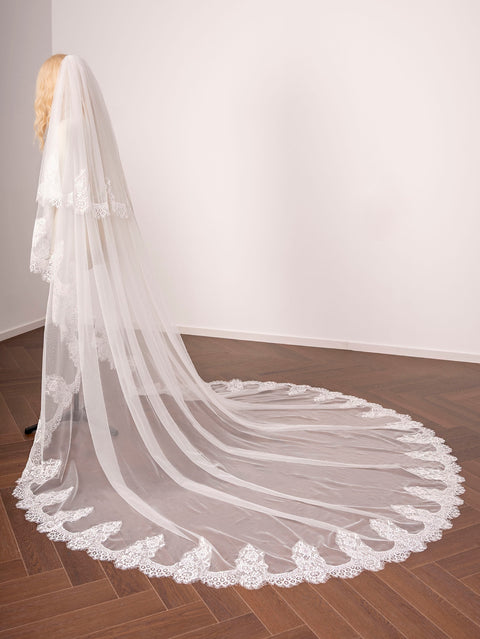 2 Tier Cathedral Length Floral Lace Wedding Bridal Veil with Comb for Brides Ivory OA58