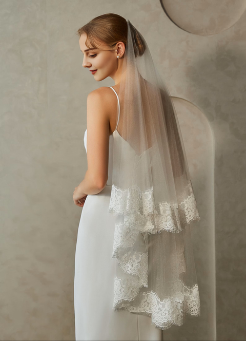 2 Tier Lace Edge Fingertip Length Wedding Bridal Veil with Comb for Bride Ivory OA42