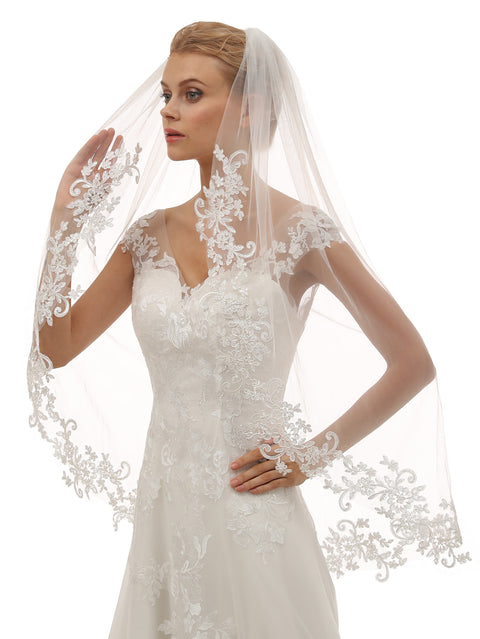 Fingertip Length Lace Applique Wedding Bridal Veil with Comb for Bride Off White OA13