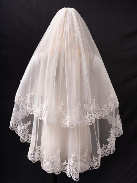 2 Tier Floral Lace Edge Bridal Veil with Comb for Wedding Bride OA48