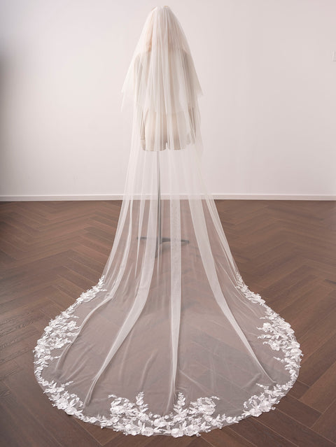 Lace Applique 2 Tier Long Wedding Bridal Veil with Comb for Brides OA64