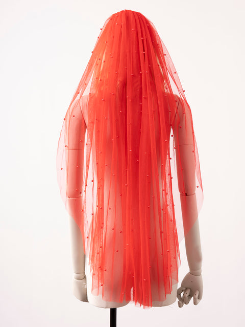 Pearl Wedding Bridal Veil Fingertip Length Red Tulle with Comb for Brides OA10