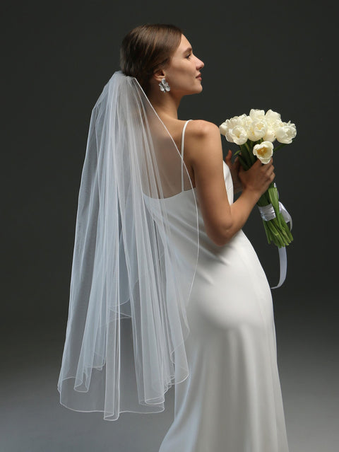 Pencil Edge Fingertip Length Wedding Bridal Veil with Comb for Bride BS06
