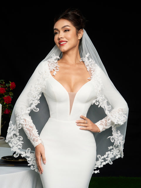 Pearl Fingertip Length Lace Wedding Bridal Veil with Comb AS15