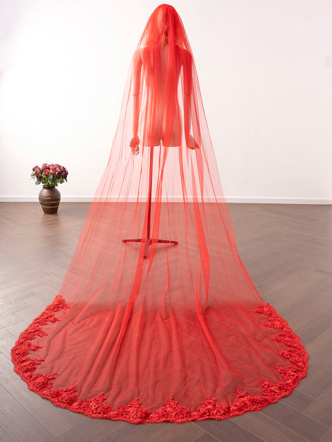 Red Tulle Lace Applique Cathedral Length Wedding Veil with Comb for Bride OA27