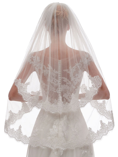 2 Tier Floral Lace Edge Wedding Bridal Veil Fingertip Length with Comb for Brides Ivory OA44