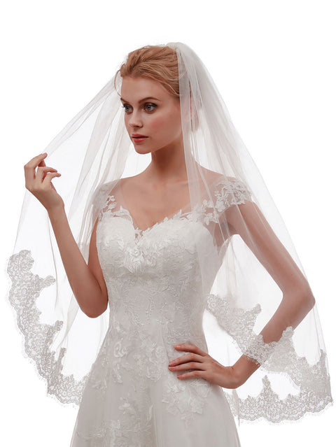 Fingertip Length Floral Lace Edge Wedding Bridal Veil with Comb for Bride Ivory OA57