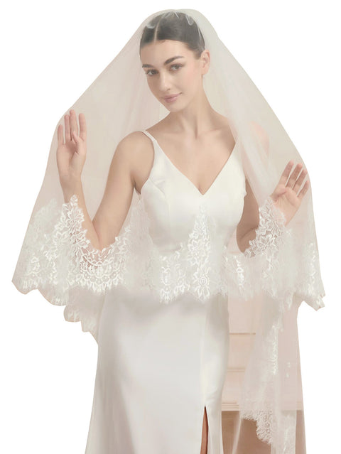 2 Tier Cathedral Length Lace Edge Wedding Bridal Veil with Comb for Bride Ivory OA29