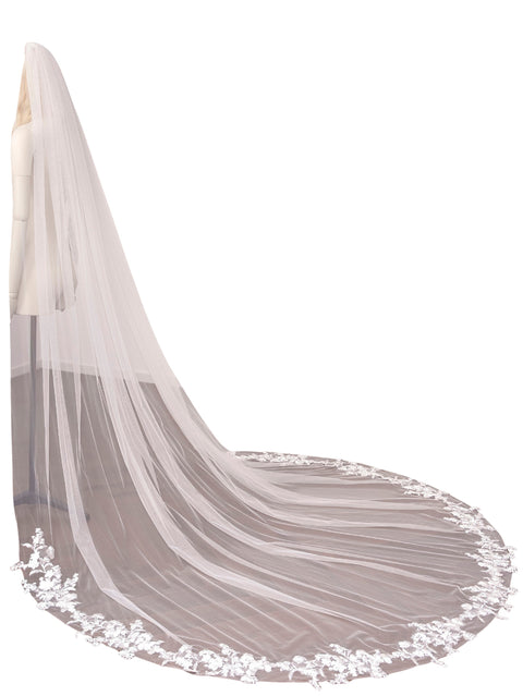 Lace Applique Cathedral Length 1 Tier Wedding Bridal Veil with Comb OA63