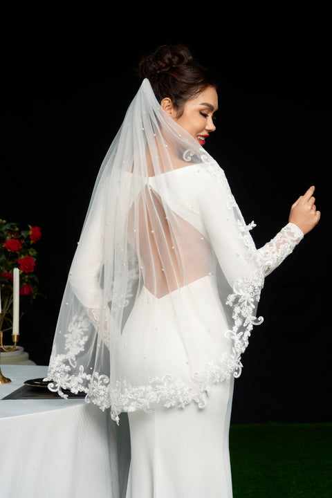 Pearl Lace Applique Fingertip Length Wedding Bridal Veil with Comb for Bride Off White OA14