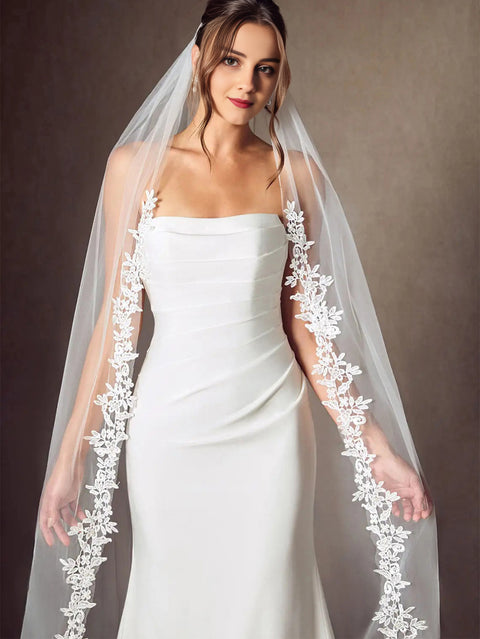 Lace Edge 1 Tier Long Wedding Bridal Veil with Metal Comb for Brides OA54