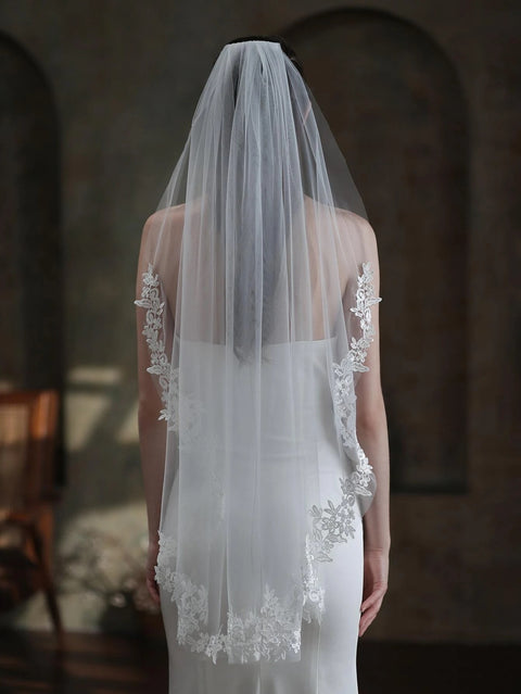 Fingertip Length Floral Edge Wedding Bridal Veil with Comb for Bride AS34