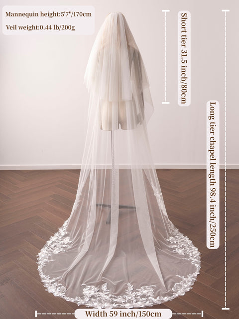 Lace Applique 2 Tier Long Wedding Bridal Veil with Comb for Brides OA64