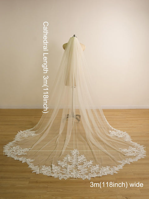 Long Cathedral Length 1 Tier Petal Shape Lace Wedding Bridal Veil F17