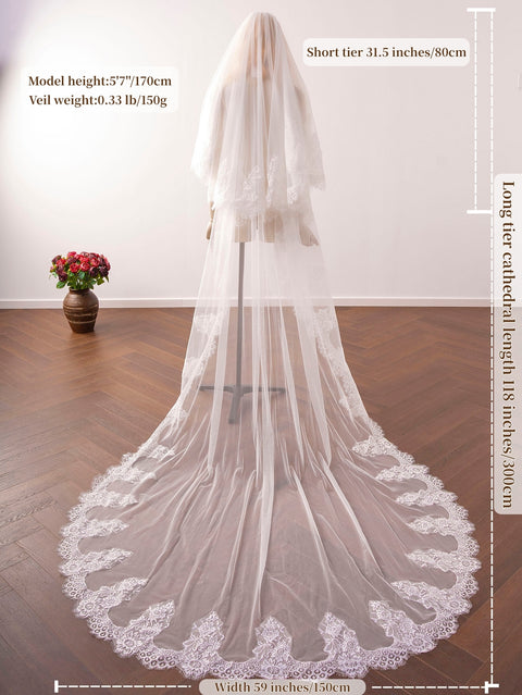 2 Tier Cathedral Length Lace Edge Wedding Bridal Veil with Comb for Bride Ivory OA29