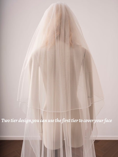 Pencil Edge 2 Tier Long Simple Plain Wedding Bridal Veil with Comb OA52