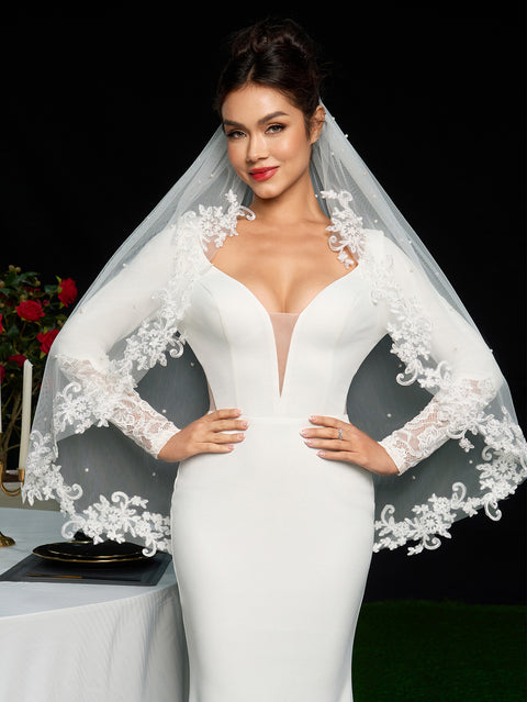 Pearl Lace Applique Fingertip Length Wedding Bridal Veil with Comb for Bride Off White OA14