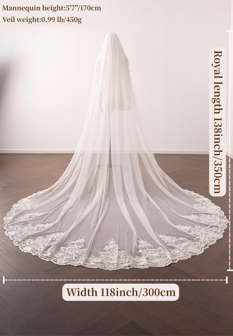 Royal Length 3.5M Lace Edge Wedding Bridal Veil with Metal Comb AS01