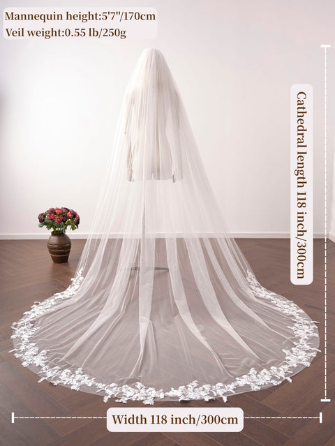 Lace Applique Cathedral Length 1 Tier Wedding Bridal Veil with Comb OA63