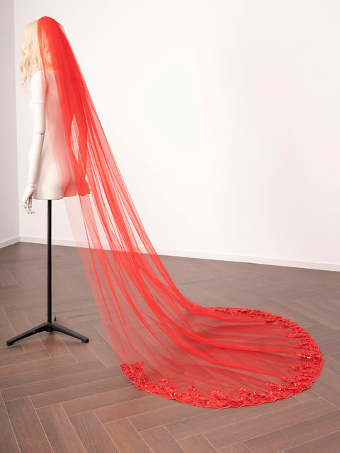 Red Tulle Lace Sequins Cathedral Length Wedding Veil with Comb for Bride OA28