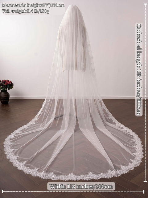 Cathedral Length Lace Edge Lightweight Wedding Bridal Veil with Comb for Bride Ivory OA33