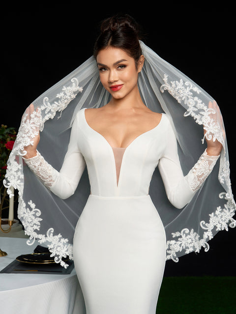 Pearl Fingertip Length Lace Wedding Bridal Veil with Comb AS15
