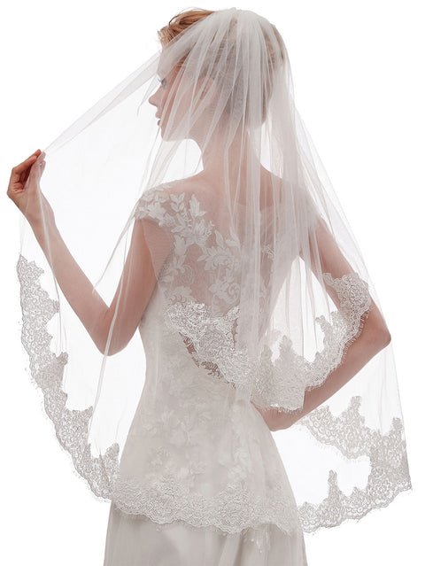 2 Tier Floral Lace Edge Wedding Bridal Veil Fingertip Length with Comb for Brides Ivory OA44