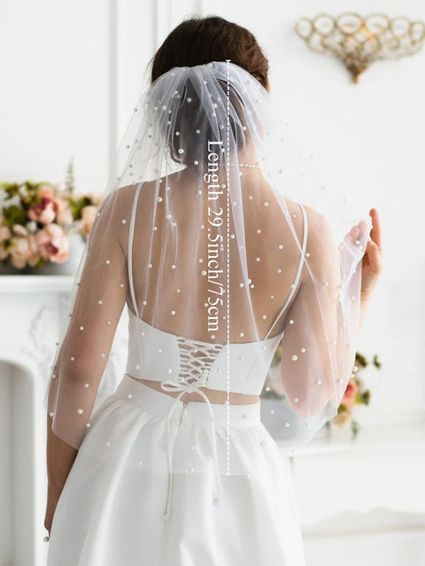 Pearl 1 Tier Elbow Length Wedding Bridal Veil with Metal Comb AS21