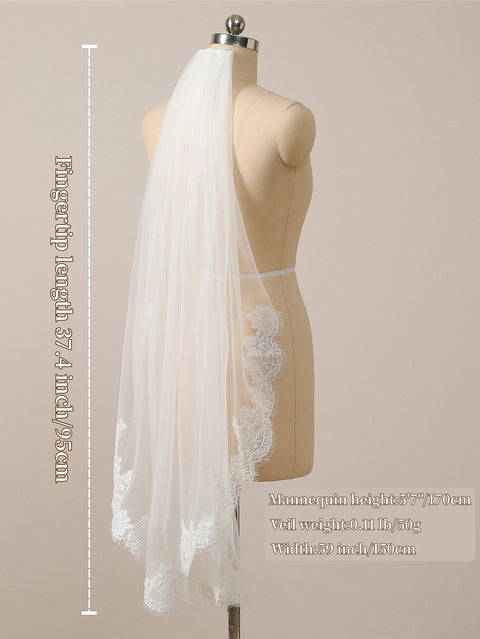 Fingertip Length Floral Lace Edge Wedding Bridal Veil with Comb for Bride Ivory OA57