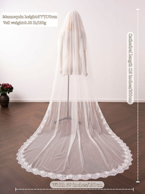 Cathedral Length Floral Lace Wedding Bridal Veil with Comb for Bride Ivory OA31