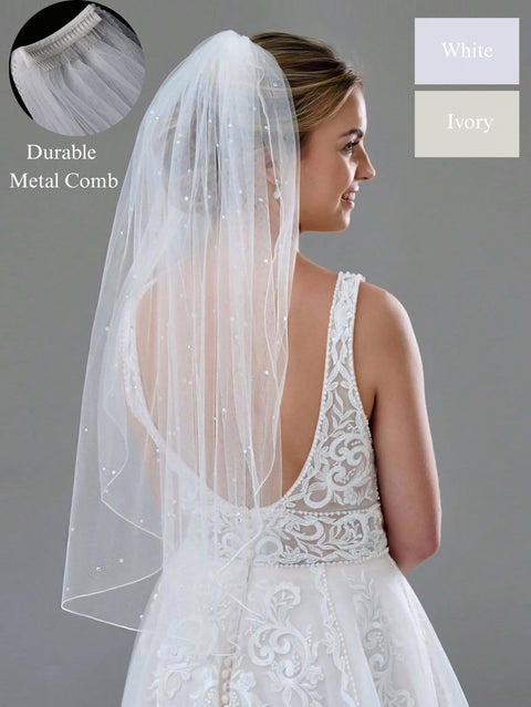Pearl Short Wedding Bridal Veil Pencil Edge with Comb for Bride AS35