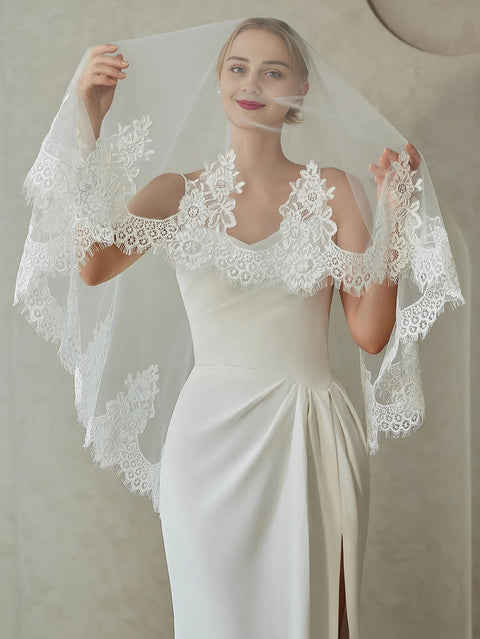 2 Tier Floral Lace Fingertip Length Wedding Bridal Veil with Comb for Bride Ivory OA43