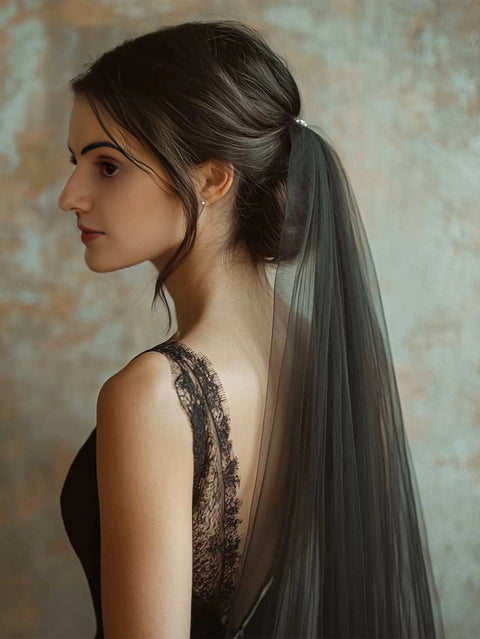 Simple Black Wedding Veil Headwear Tulle Sheer Halloween Party Cos Veil for Bride OA03