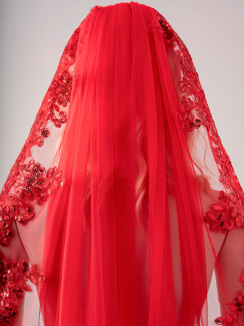 Red Tulle Lace Sequins Fingertip Length Wedding Veil with Comb for Bride OA21
