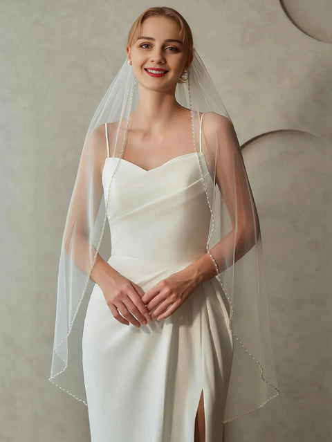 Pearls and Crystals Beaded Edge Fingertip Length Bridal Wedding Veil for Brides OA04