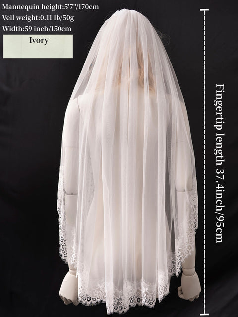 Fingertip Length Floral Lace Edge Wedding Bridal Veil with Comb for Bride OA41