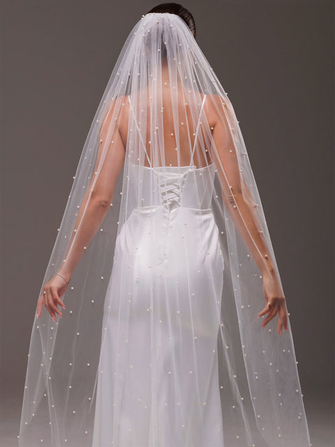 Pearl Chapel Length Wedding Bridal Veil with Metal Comb for Bride AS22