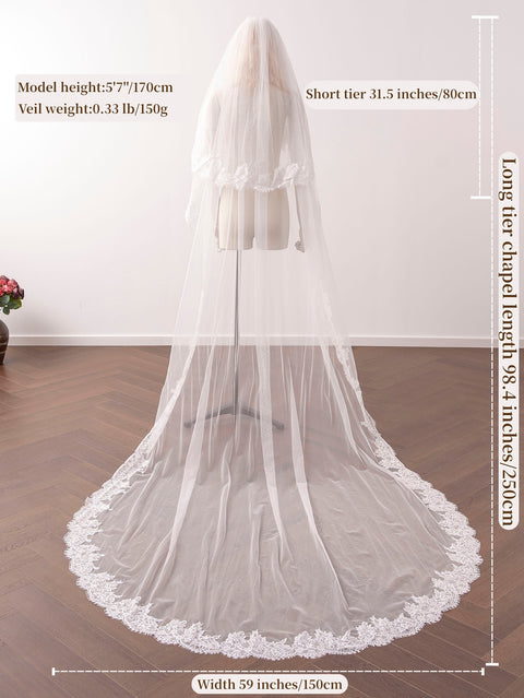 2 Tier Cathedral Length Lace Edge Wedding Bridal Veil with Comb for Bride Ivory OA32