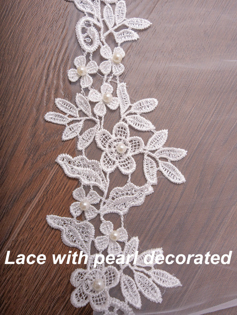 Pearl Lace Applique Fingertip Length Wedding Bridal Veil with Comb for Bride Off White OA15