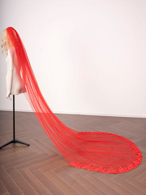 Red Tulle Lace Applique Cathedral Length Wedding Veil with Comb for Bride OA27