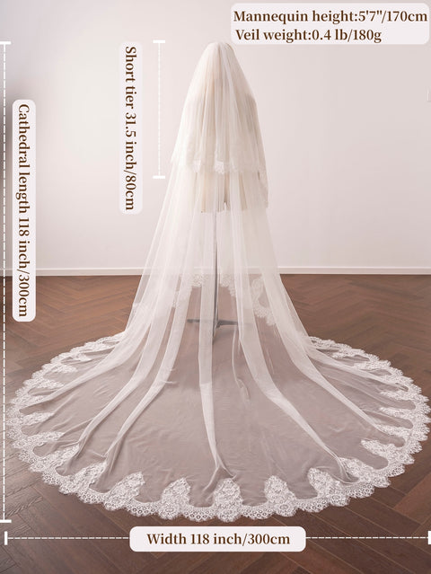 2 Tier Cathedral Length Floral Lace Wedding Bridal Veil with Comb for Brides Ivory OA58